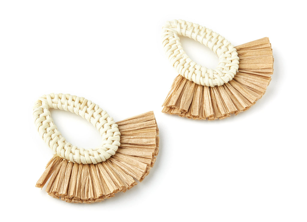 Handwoven Rattan with Raffia Tassels Charms - Drop Shaped Rattan Pendant - Wooden Straw Earring - 68.8x74.4x6mm - RT1159 - DOMEDBAZAAR