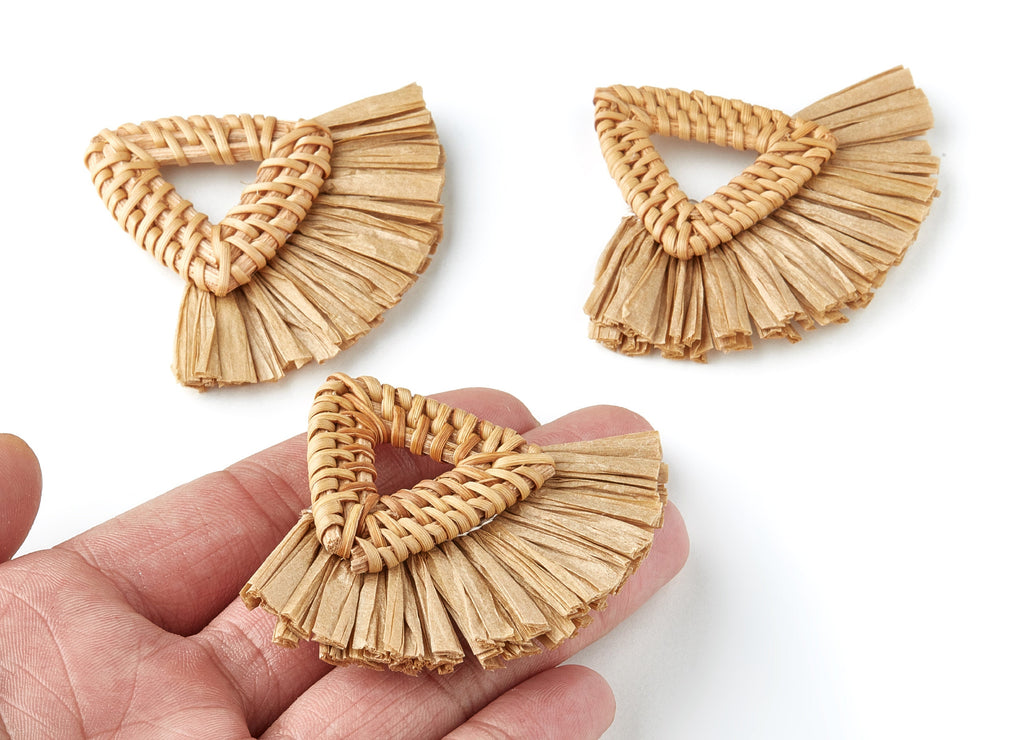 Handwoven Rattan with Raffia Tassels Charms - Triangle Shaped Rattan Pendant - Wooden Straw Earring - 58.4x70.4x6mm- RT1158 - DOMEDBAZAAR