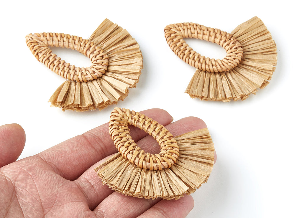 Handwoven Rattan with Raffia Tassels Charms - Water Drop Shape Rattan Pendant - Wooden Straw Earring - 68.8x74.4x6mm - RT1160 - DOMEDBAZAAR