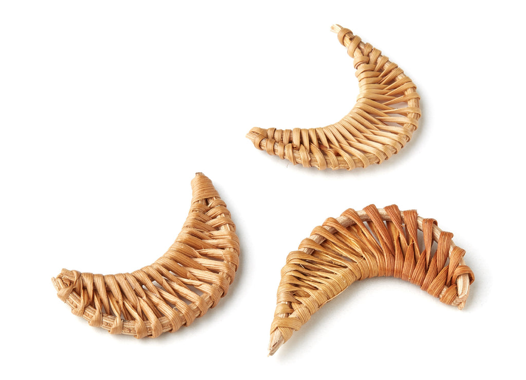 Handwoven Rattan Earrings - Moon Shaped Rattan Pendant - Wooden Straw Earring - Jewelery Handmade - 47x19.5x4.4mm - RT1165 - DOMEDBAZAAR