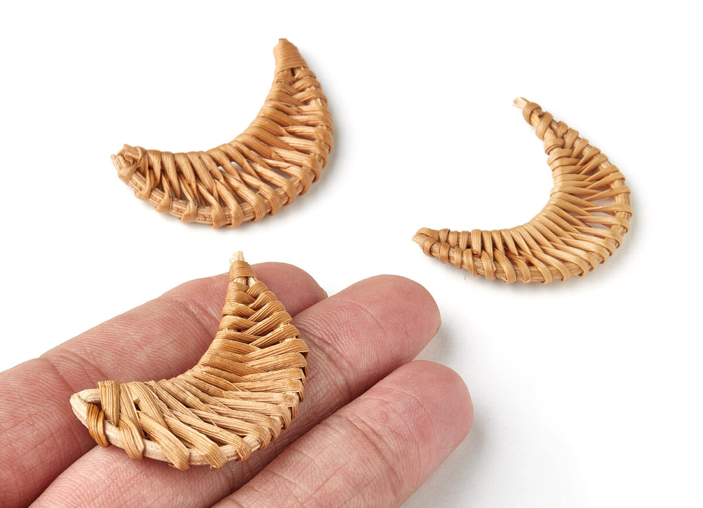 Handwoven Rattan Earrings - Moon Shaped Rattan Pendant - Wooden Straw Earring - Jewelery Handmade - 47x19.5x4.4mm - RT1165 - DOMEDBAZAAR