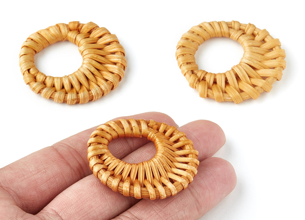 Handwoven Rattan Earrings - Round Shaped Rattan Pendant - Wooden Straw Earring - Jewelery Handmade - 43.6x43x4.73mm - RT1151 - DOMEDBAZAAR