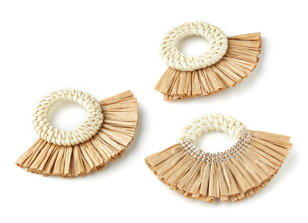 Handwoven Rattan with Raffia Tassels Charms - Round Shaped Rattan Pendant With Straw - Wooden Straw Earring - 58.3x75.9x6mm - RT1155 - DOMEDBAZAAR