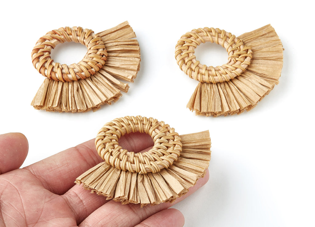 Handwoven Rattan with Raffia Tassels Charms - Round Shaped Rattan Pendant With Straw - Wooden Straw Earring - 58.3x75.9x6mm - RT1156 - DOMEDBAZAAR