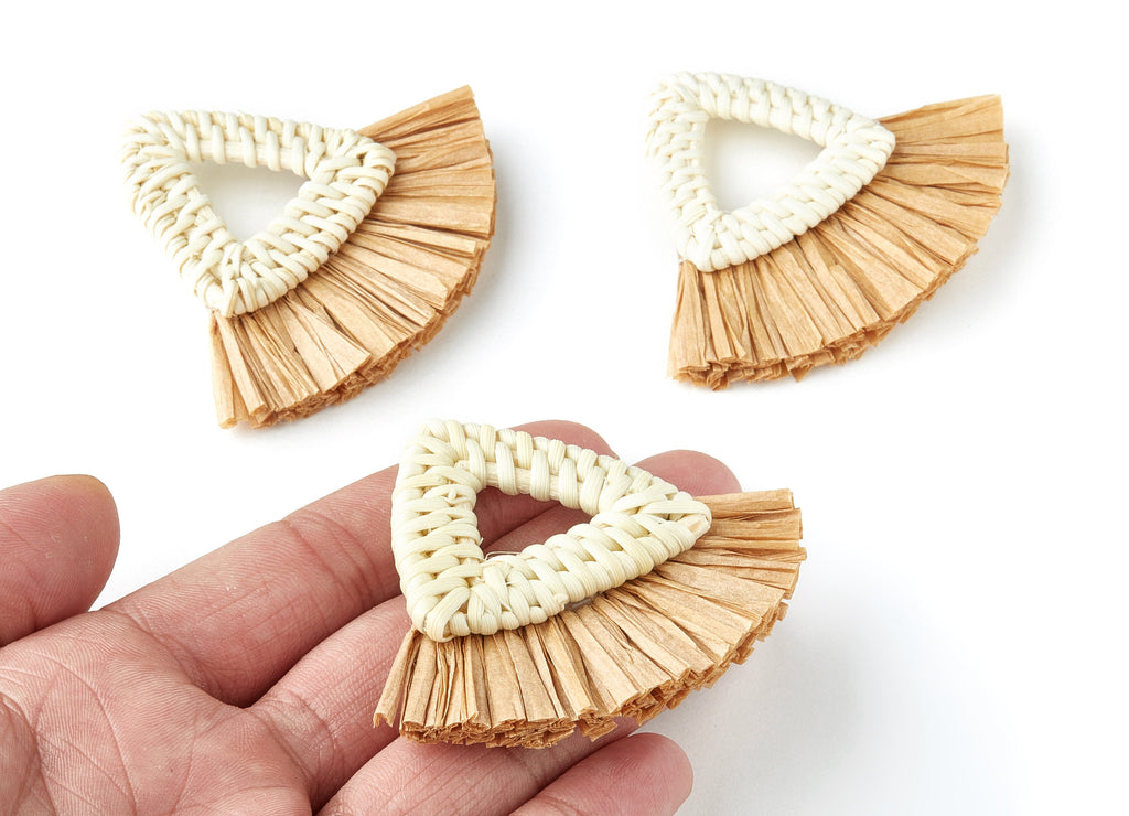 Handwoven Rattan with Raffia Tassels Charms - Triangle Shaped Rattan Pendant - Wooden Straw Earring - 58.4x70.4x6mm - RT1157 - DOMEDBAZAAR