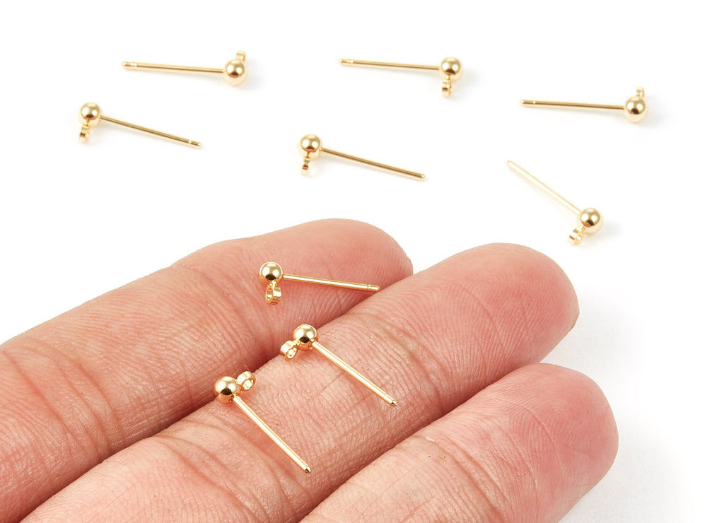 18K Real Gold Plated Brass Post Stud With Ball Head - Earring Stud With 1 Hole - Jewelry Supplies - 15.23x5.03x3.08mm - RGP1017 - DOMEDBAZAAR
