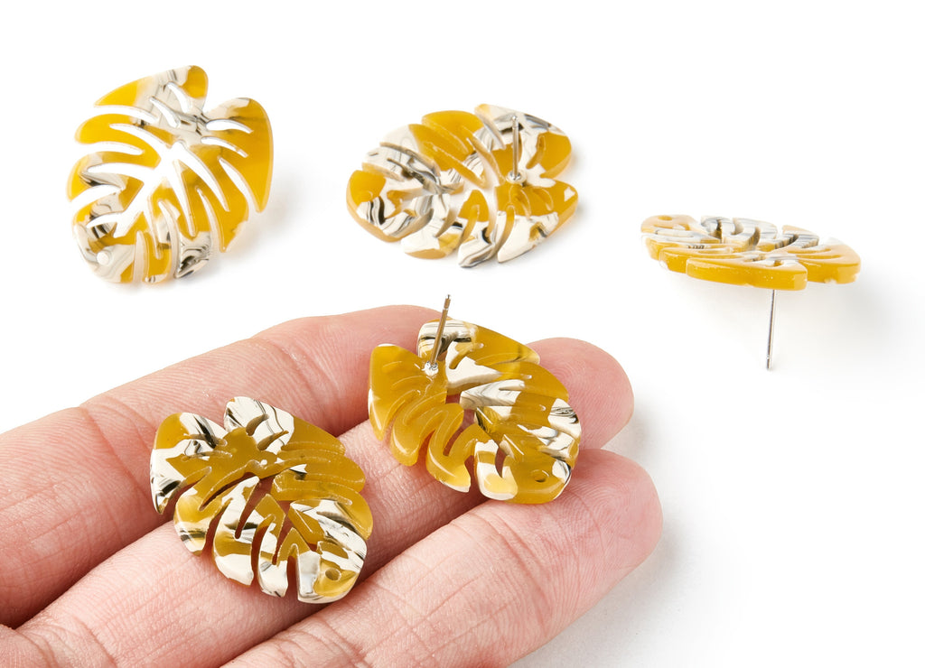 Acetate Monstera Studs - Leaf Earring Post - Acetate Leaf Stud Findings - 1 Hole - Color Code:A14 - 28.65x24.33x2.94mm - AC1334F - DOMEDBAZAAR