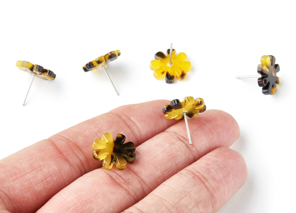 Acetate Acrylic Earring Charms - Tortoise Shell Stud Earrings - 1 Hole - Flower Shaped - Color Code:A02 - 14.48x14.04x2.65mm - AC1335F - DOMEDBAZAAR