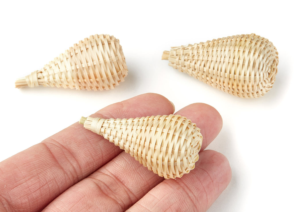 Handwoven Rattan Earrings - Cone Shaped Rattan Pendant - Wooden Straw Earring - Jewellery Handmade - 42x22mm - RT1110 - DOMEDBAZAAR