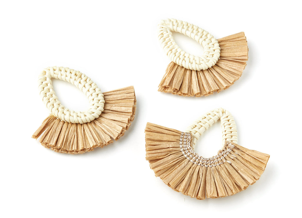 Handwoven Rattan with Raffia Tassels Charms - Drop Shaped Rattan Pendant - Wooden Straw Earring - 68.8x74.4x6mm - RT1159 - DOMEDBAZAAR