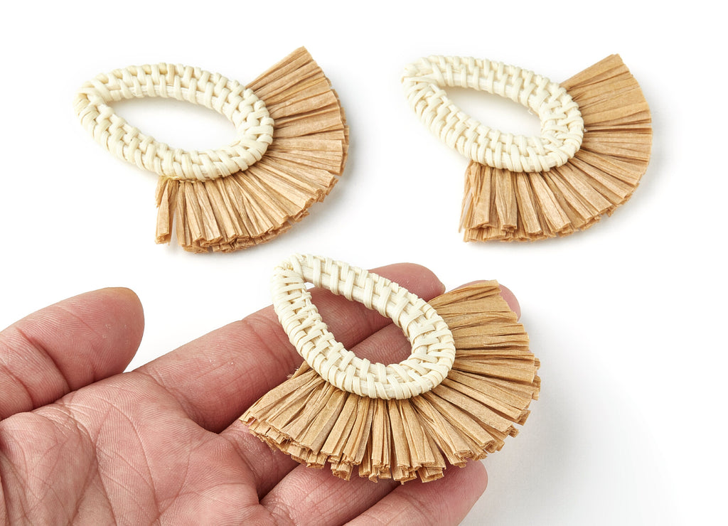Handwoven Rattan with Raffia Tassels Charms - Drop Shaped Rattan Pendant - Wooden Straw Earring - 68.8x74.4x6mm - RT1159 - DOMEDBAZAAR