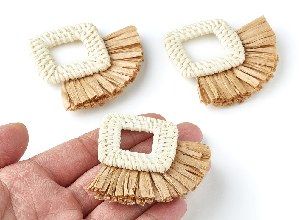 Handwoven Rattan with Raffia Tassels Charms - Square Shaped Rattan Pendant With Straw - Wooden Straw Earring - 66.4x67.7x6mm - RT1161 - DOMEDBAZAAR