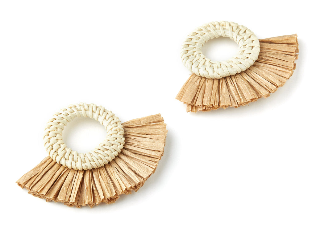 Handwoven Rattan with Raffia Tassels Charms - Round Shaped Rattan Pendant With Straw - Wooden Straw Earring - 58.3x75.9x6mm - RT1155 - DOMEDBAZAAR
