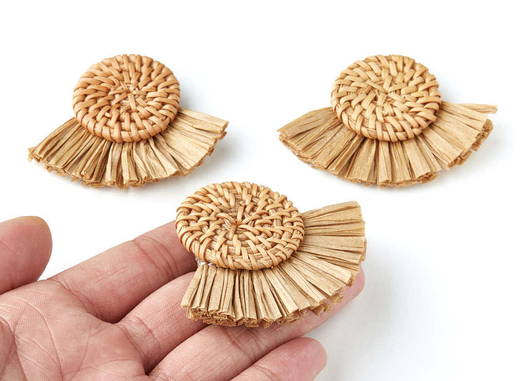 Handwoven Rattan with Raffia Tassels Charms - Coin Shaped Rattan Pendant With Straw - Wooden Straw Earring - 46.2x60x6mm - RT1154 - DOMEDBAZAAR