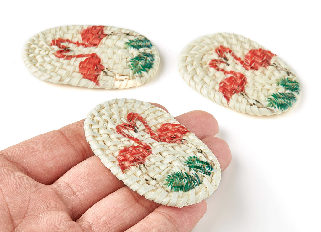 Handwoven Rattan Earrings - Oval Shaped Rattan Pendant - Wooden Flamingo Pattern Earrings - Jewelry Handmade - 61.03x38.46x4.23mm - RT1185 - DOMEDBAZAAR