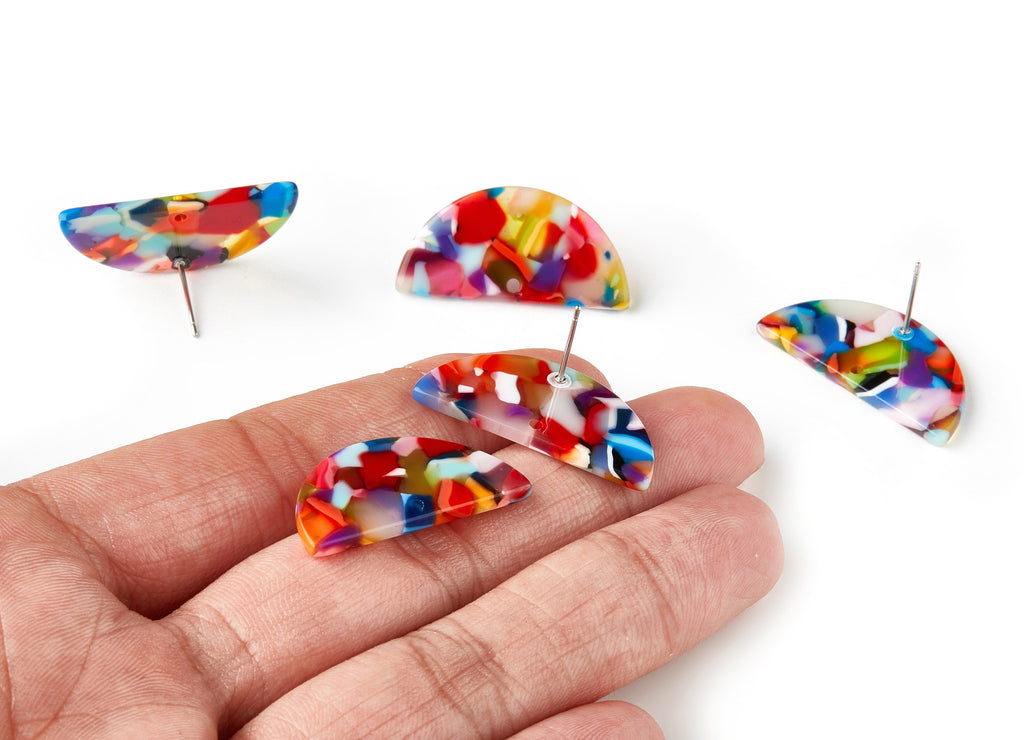 Acetate Acrylic Earring Stud - Post Charms - Tortoise Shell Earrings - Semicircle Shaped - Color Code: A21 - 30.07x14.76x2.58mm - AC1593-A21 - DOMEDBAZAAR