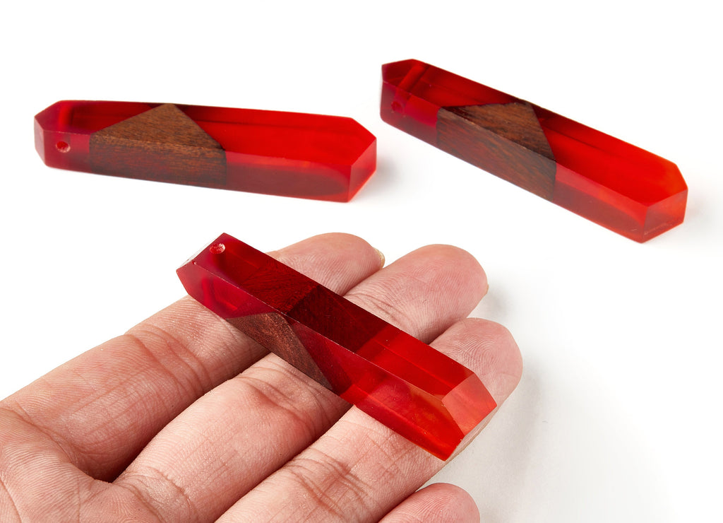 Wood Resin Charms - Natural Mahogany Wooden Charms - Red Epoxy Resin Necklace - Jewelry Supplies - 61x13x10mm - BB1024AB - DOMEDBAZAAR