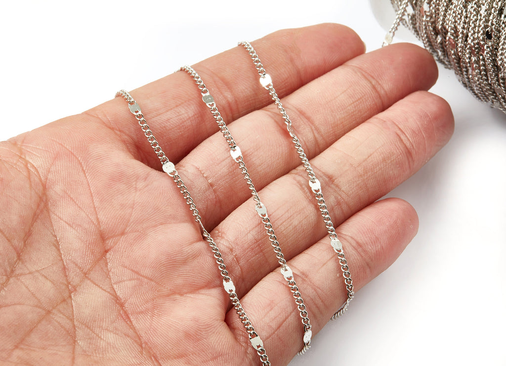 Hammered Satellite Curb Chain - Brass Chain - Silver Tone Plated Chain - Soldered Chain - 0.11&quot; x 0.08&quot; x 0.11&quot; - CC1106S - DOMEDBAZAAR