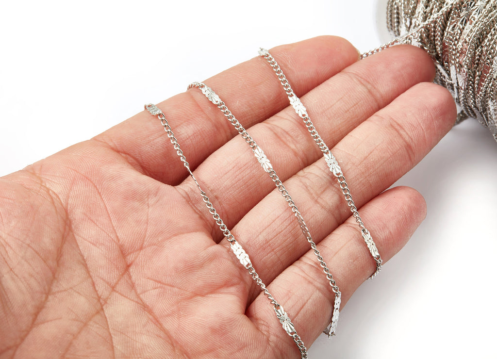 Hammered Satellite Curb Chain - Brass Chain - Silver Tone Plated Chain - Soldered Chain - 0.10&quot; x 0.07&quot; x 0.11&quot; - CC1108S - DOMEDBAZAAR