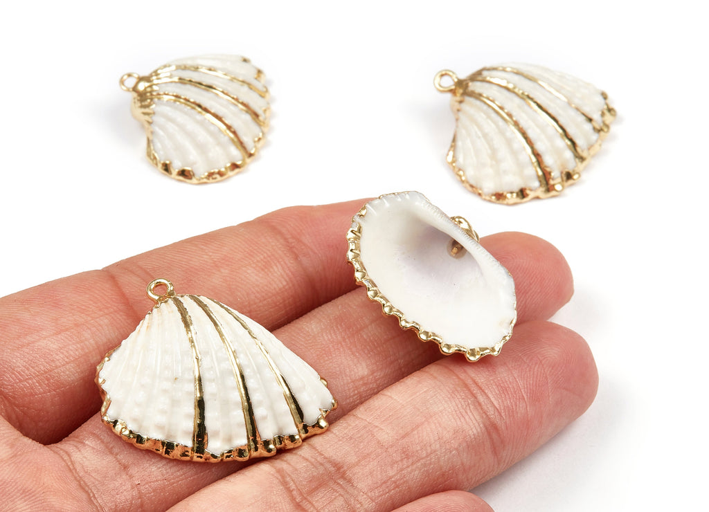 Mussel Shell Charms - Seashell Earrings and Pendant - Gold Tone Plated Earrings - 1 Hole - 31.49x28.24x2.27mm - SF1083 - DOMEDBAZAAR
