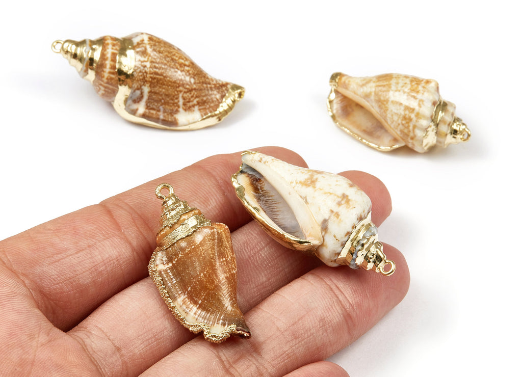 Whelk Seashell Charms - Seashell Pendant - Gold Tone Plated Earrings - Natural Seashell - 1 Hole - 47.89x23.17xmm - SF1076 - DOMEDBAZAAR