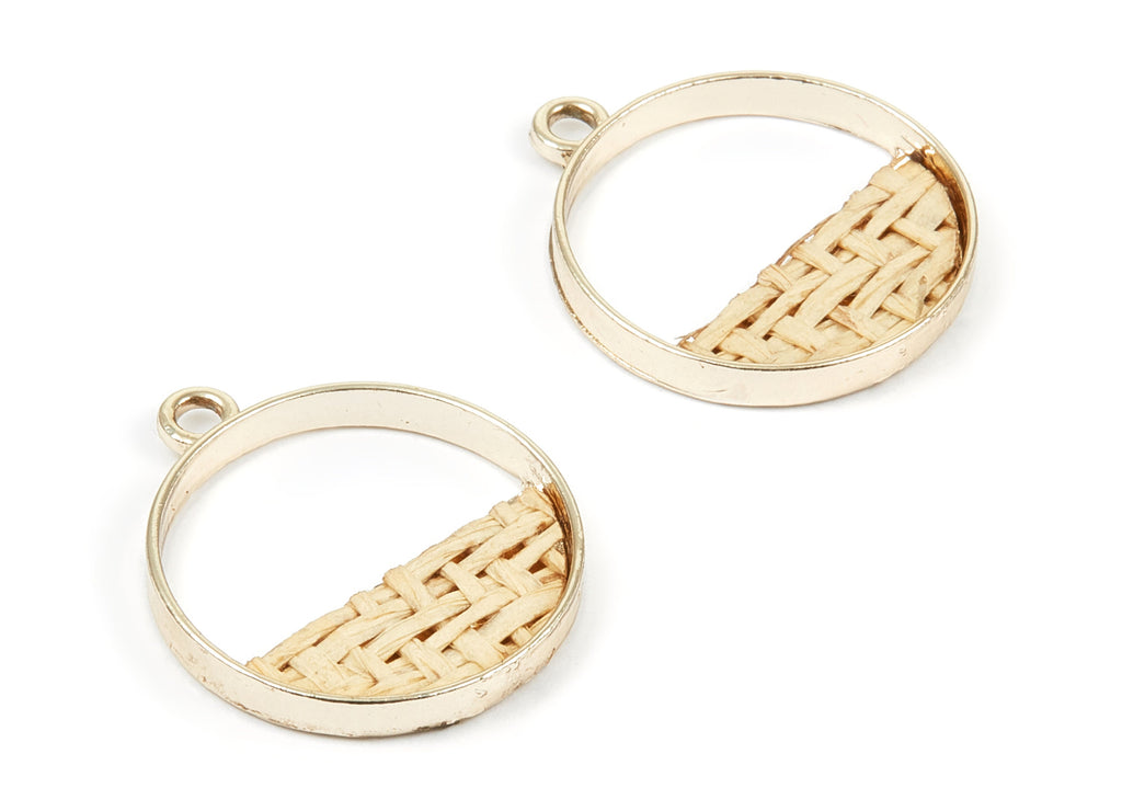 Handwoven Circle Rattan Charms - Alloy Circle Earrings and Pendant - Gold Tone Plated - 27.49x23.48x2.25mm - RT1277 - DOMEDBAZAAR