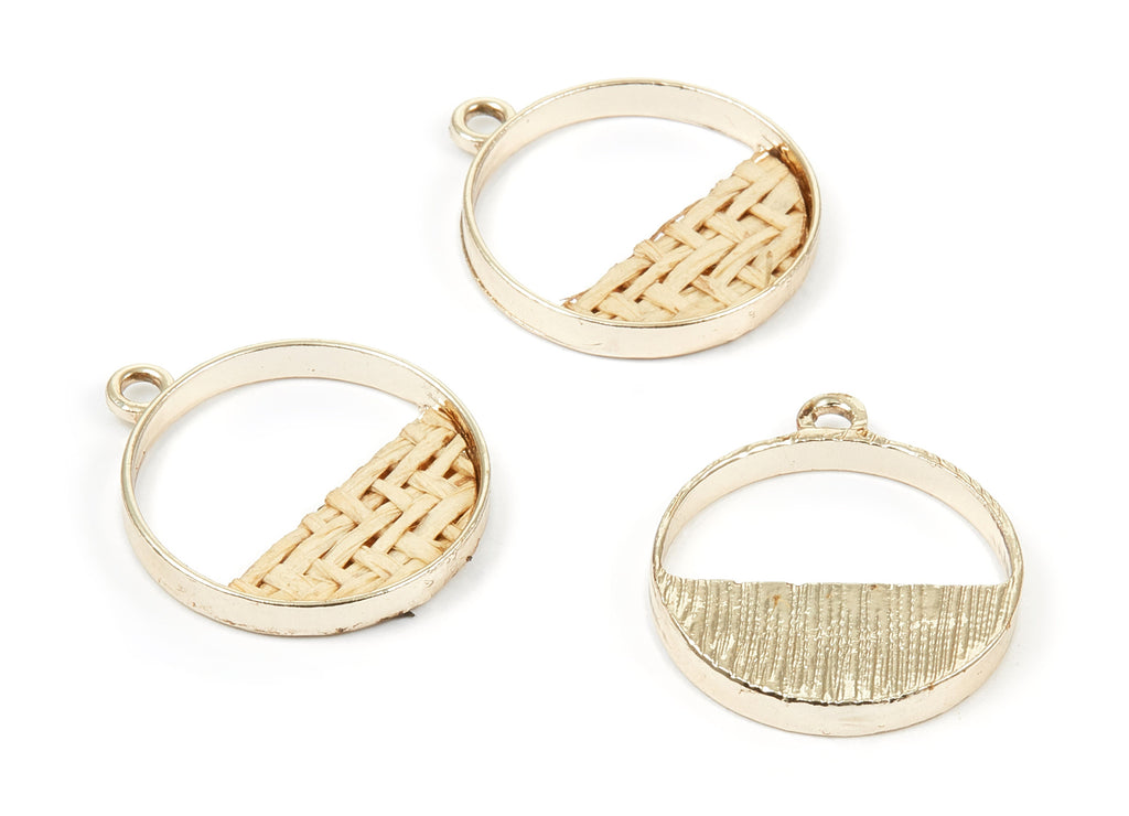 Handwoven Circle Rattan Charms - Alloy Circle Earrings and Pendant - Gold Tone Plated - 27.49x23.48x2.25mm - RT1277 - DOMEDBAZAAR