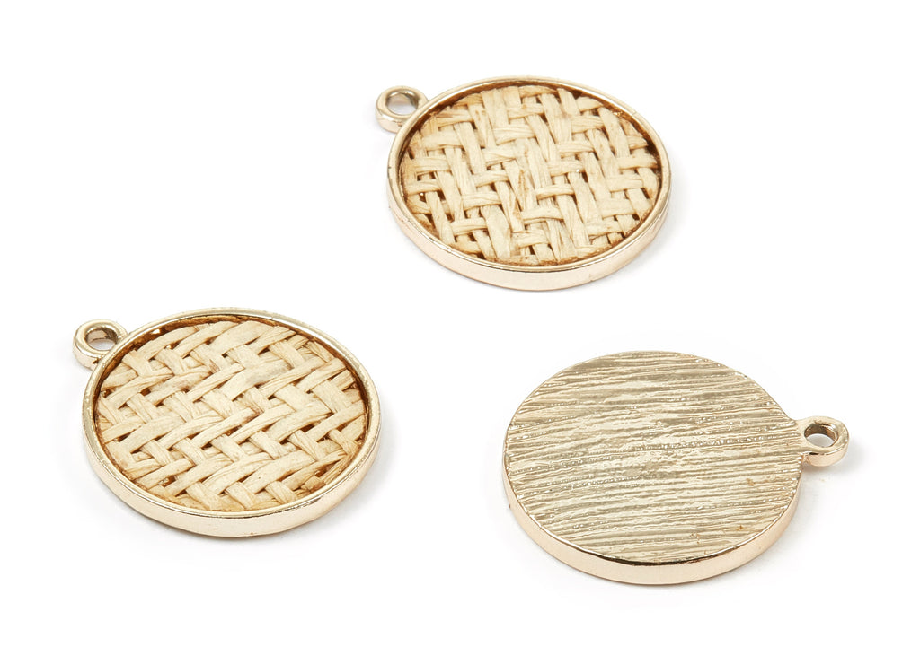 HandWoven Round Rattan Charms - Alloy Round Earrings and Pendant - HandWoven Alloy Earrings - Gold Tone Plated - 27.49x23.48x2.25mm - RT1279 - DOMEDBAZAAR
