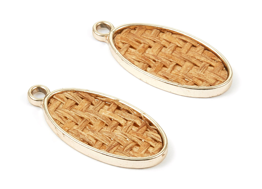 Handwoven Oval Rattan Charms - Alloy Oval Earrings and Pendant - Handwoven Alloy Earrings - Gold Tone Plated - 30.24x14.34x2.47mm - RT1265 - DOMEDBAZAAR