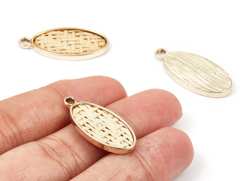 Handwoven Oval Rattan Charms - Alloy Oval Earrings and Pendant - Handwoven Alloy Earrings - Gold Tone Plated - 30.24x14.34x2.47mm - RT1266 - DOMEDBAZAAR