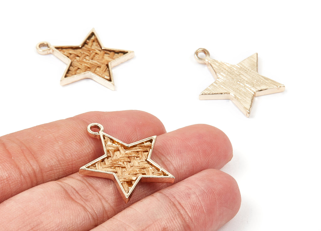 Handwoven Star Rattan Charms - Alloy Star Earrings and Pendant - Handwoven Alloy Earrings - Gold Tone Plated - 27.2x24.4x2.33mm - RT1258 - DOMEDBAZAAR