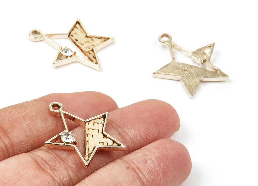 Hand Woven Star Rattan Charms - Alloy Star Pendant - Hand Woven Alloy Earrings - Gold Tone Plated - 27.2x24.4x2.33mm - RT1259 - DOMEDBAZAAR