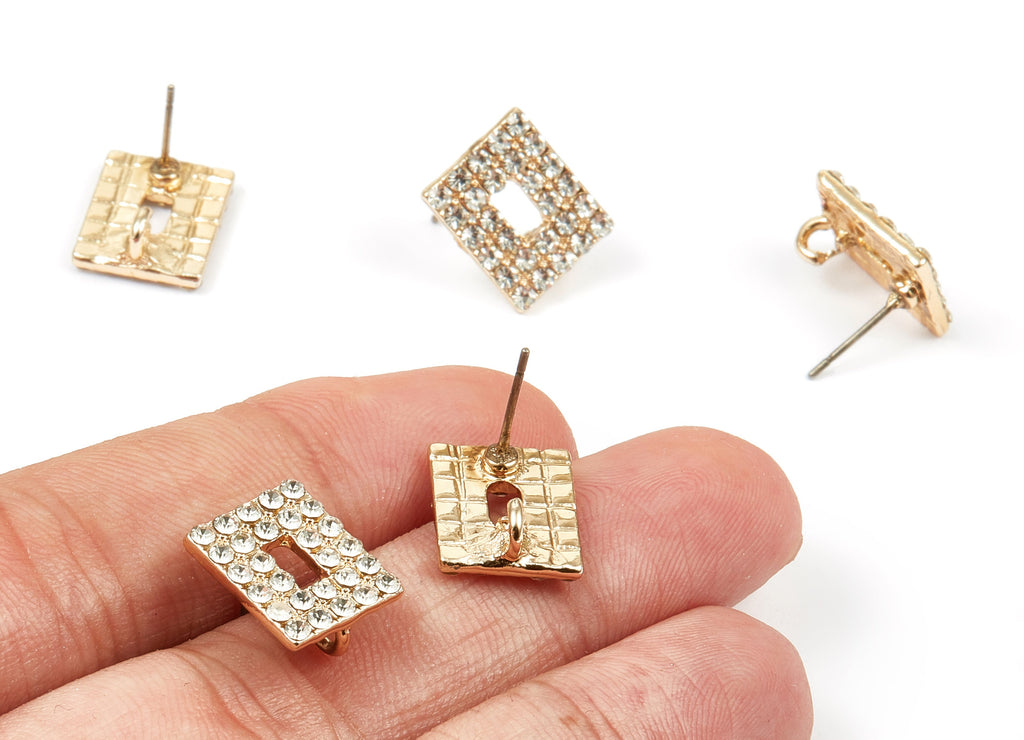 Alloy Rectangle Earring Stud - Zinc Alloy Crystal Rectangle Earring Post with Glass Beads - Silver Tone Plated - 13.54x11.15x1.95mm - ZZ1374 - DOMEDBAZAAR