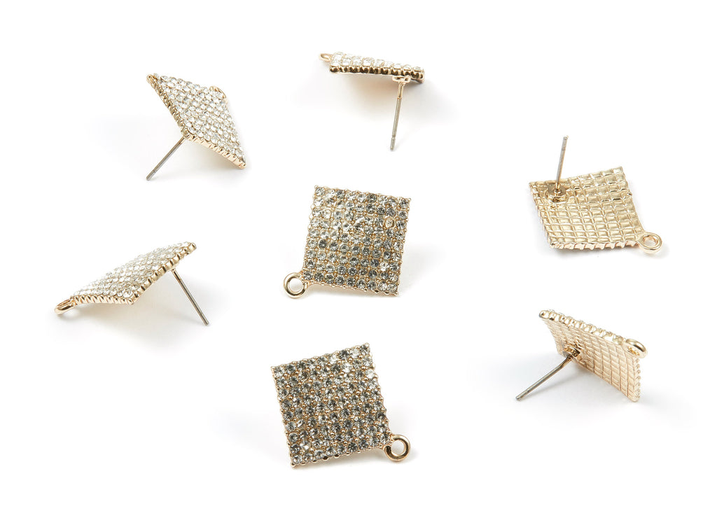 Alloy Square Earring Stud - Zinc Alloy Crystal Square Earring Post with Glass Beads - Gold Tone Plated - 24.55x21.15x1.72mm - ZZ1381 - DOMEDBAZAAR