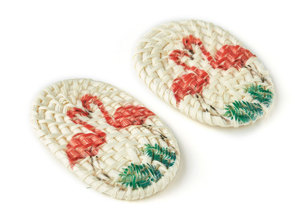 Handwoven Rattan Earrings - Oval Shaped Rattan Pendant - Wooden Flamingo Pattern Earrings - Jewelry Handmade - 61.03x38.46x4.23mm - RT1185 - DOMEDBAZAAR
