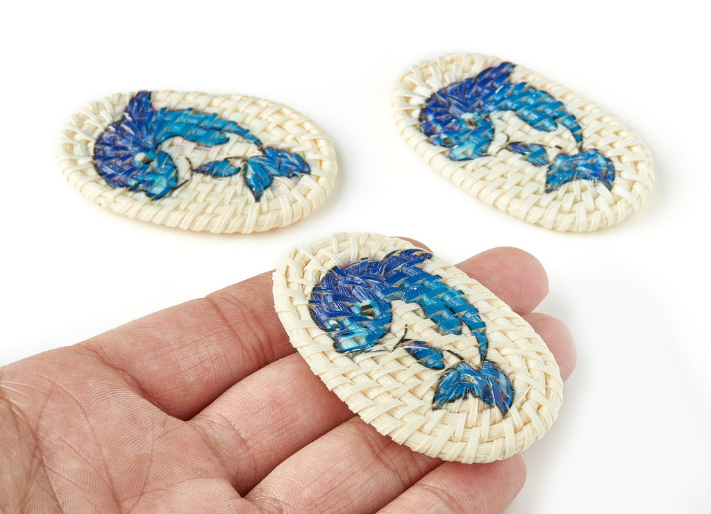 Handwoven Rattan Earrings - Oval Shaped Rattan Pendant - Wooden Dolphin Pattern Earrings - Jewelry Handmade - 61.03x38.46x4.23mm - RT1187 - DOMEDBAZAAR