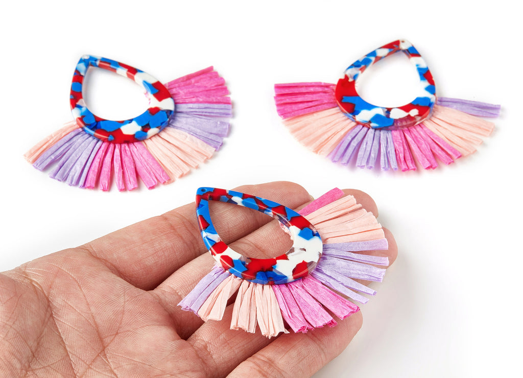 Acetate Acrylic Earring Charm with Single Layer Raffia - Tortoise Shell Earring - Tassels Fan - Color Code: A73 - 75x65x4mm - AC1625-A73 - DOMEDBAZAAR