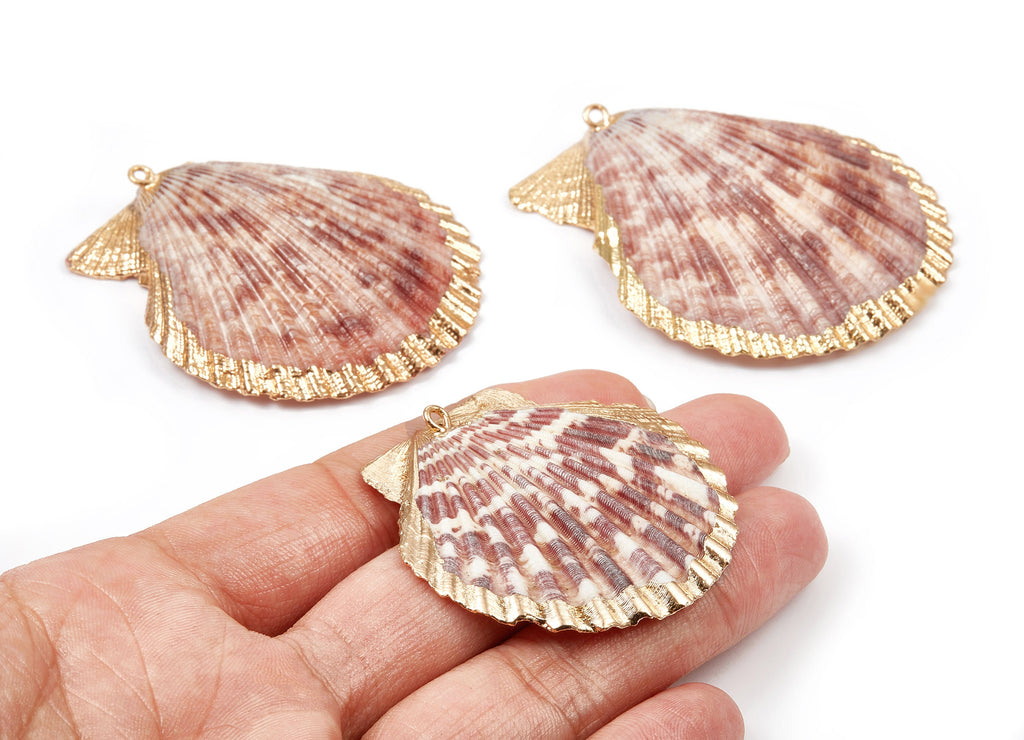 Mussel Shell Charms - Seashell Pendant - Gold Tone Plated Earrings - 1 Hole - 50x45.2x7mm - SF1009E - DOMEDBAZAAR