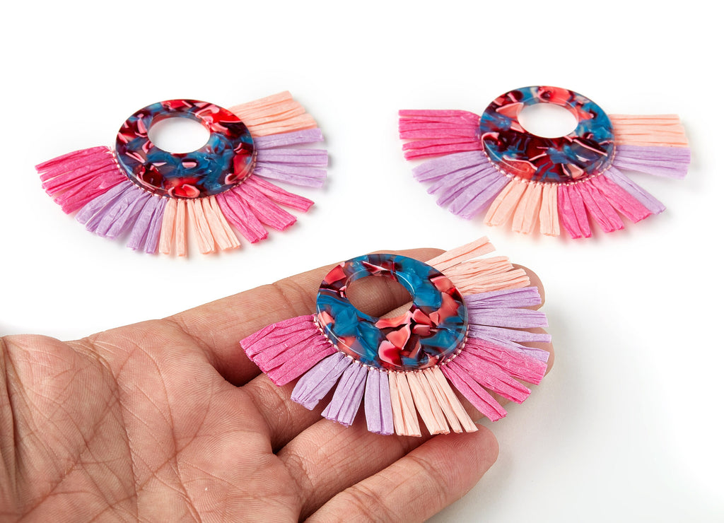 Acetate Circle Charms with Raffia Tassels - Tassels Fan Single Layer Raffia - Color Code: A24 - 76.14x55.85x3.6mm - AC1640-A24 - DOMEDBAZAAR