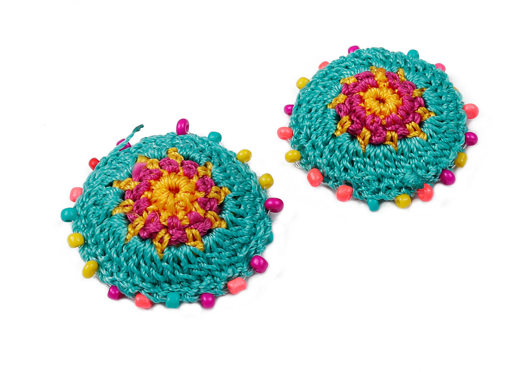 Crochet Round Earrings - Crochet Earrings with Beads - Knit weaving Earrings - Handmade Flower Earrings - 37.12x37.12x3.93mm - TS1073 - DOMEDBAZAAR