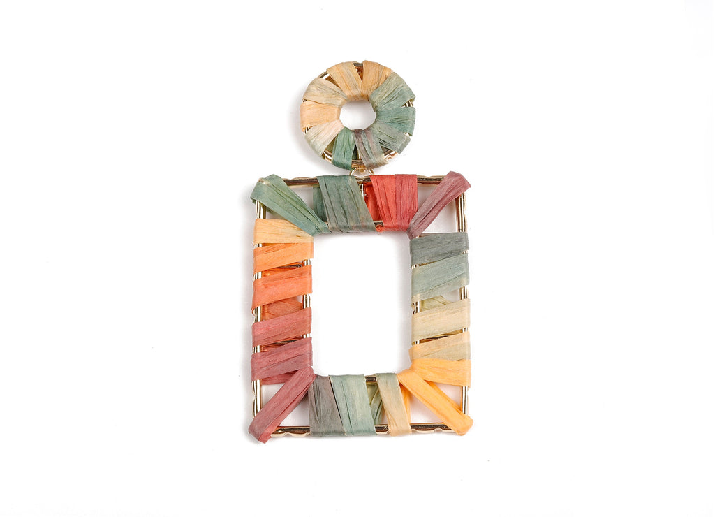 Natural Raffia Rectangle Earring Stud - Alloy Rectangle Earring Post - Rectangle Earring Post Stud - 71x39.5x2.37mm - RS1057B - DOMEDBAZAAR