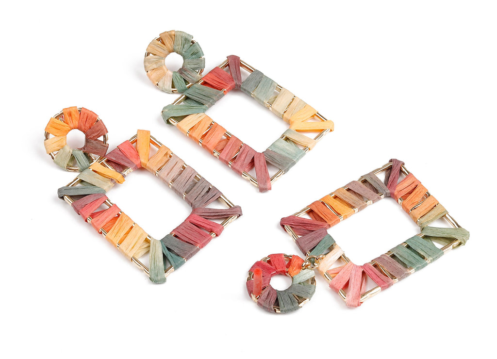 Natural Raffia Rectangle Earring Stud - Alloy Rectangle Earring Post - Rectangle Earring Post Stud - 71x39.5x2.37mm - RS1057B - DOMEDBAZAAR