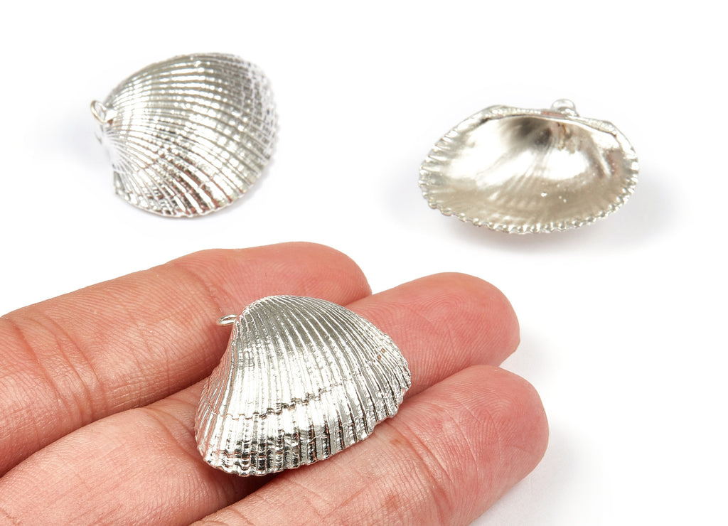 Mussel Shell Charms - Seashell Earrings and Pendant - Silver Tone Plated Earrings - 1 Hole - 30.43x26.97x1.88mm - SF1082 - DOMEDBAZAAR