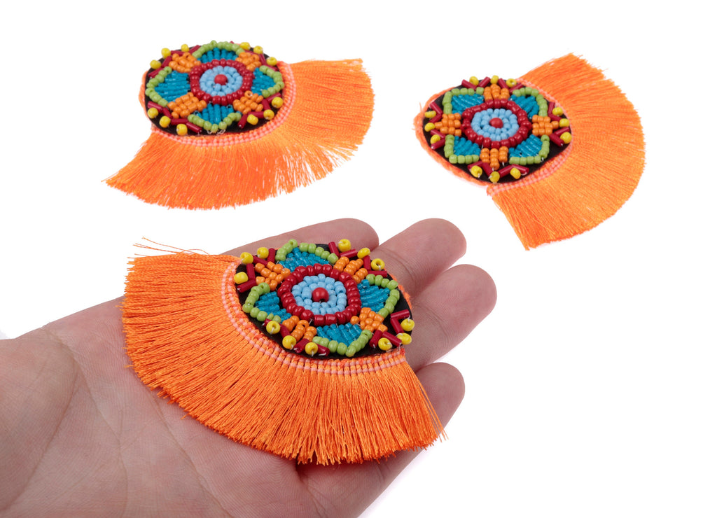 Fan Tassel Earring Charms With Glass Beads - Silky Tassel Pendant - Fan Ring Earrings Accessories - 86.08x65.95x5.48mm - TS1099 - DOMEDBAZAAR