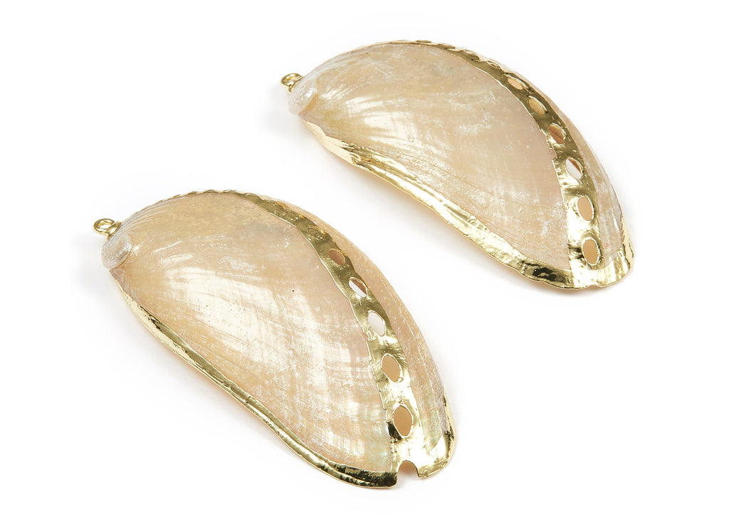 Mussel Shell Charms - Seashell Pendant - Gold Tone Plated Earrings - Natural Seashell - 1 Hole - 76.24 x32.92x0.78mm - SF1097 - DOMEDBAZAAR