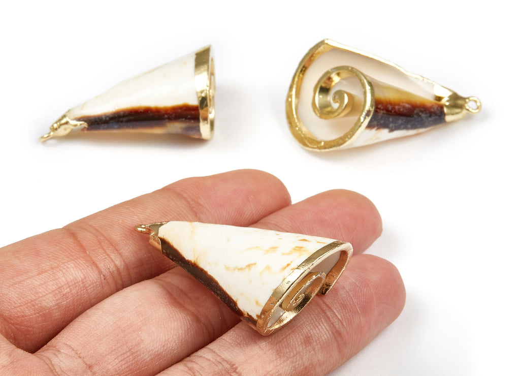 Cone Shell Charms - Whelk Seashell Pendant - Gold Tone Plated Earrings - Natural Seashell - 1 Hole - 37.73x22.16xmm - SF1077 - DOMEDBAZAAR
