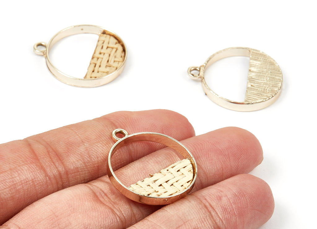 Handwoven Circle Rattan Charms - Alloy Circle Earrings and Pendant - Gold Tone Plated - 27.49x23.48x2.25mm - RT1277 - DOMEDBAZAAR