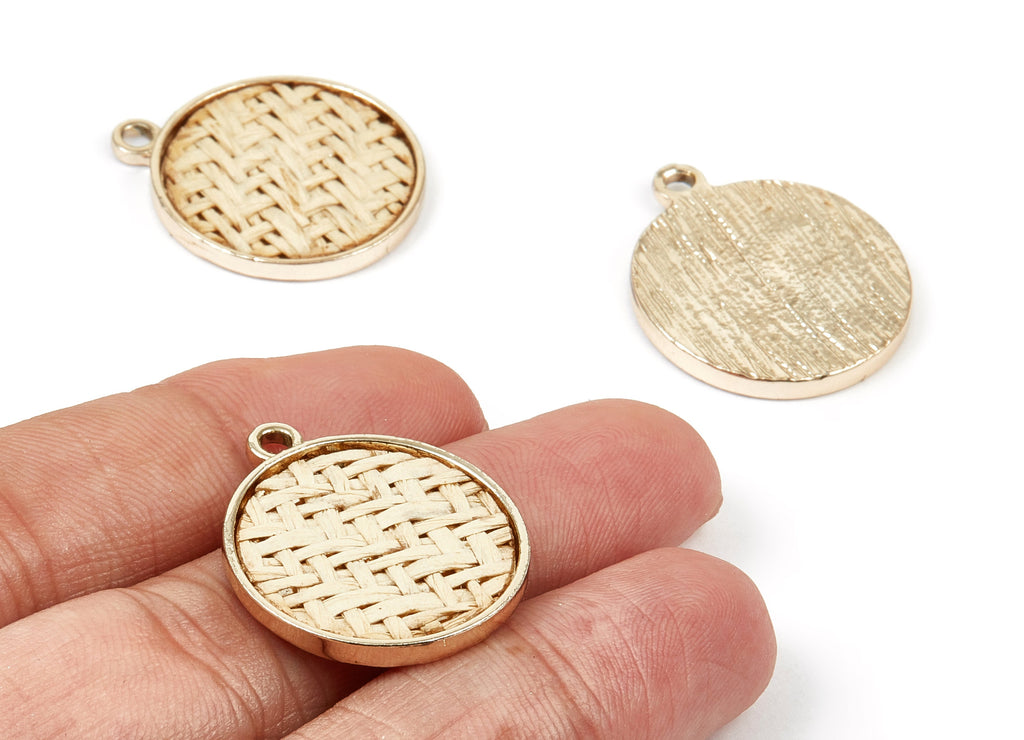 HandWoven Round Rattan Charms - Alloy Round Earrings and Pendant - HandWoven Alloy Earrings - Gold Tone Plated - 27.49x23.48x2.25mm - RT1279 - DOMEDBAZAAR