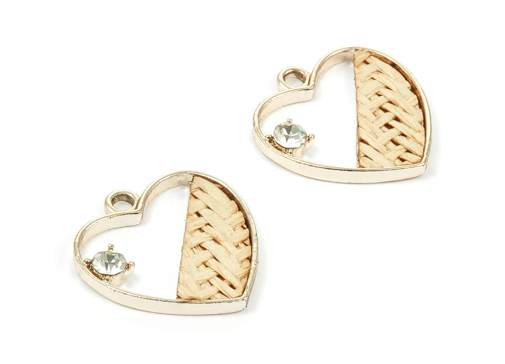 Handwoven Heart Rattan Charms - Alloy Heart Earrings and Pendant - Handwoven Alloy Earrings - Gold Tone Plated - 24.58x23.43x2.11mm - RT1271 - DOMEDBAZAAR