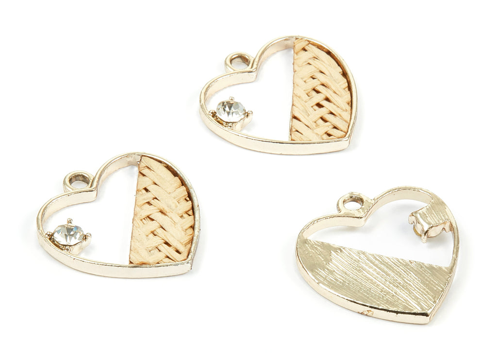 Handwoven Heart Rattan Charms - Alloy Heart Earrings and Pendant - Handwoven Alloy Earrings - Gold Tone Plated - 24.58x23.43x2.11mm - RT1271 - DOMEDBAZAAR